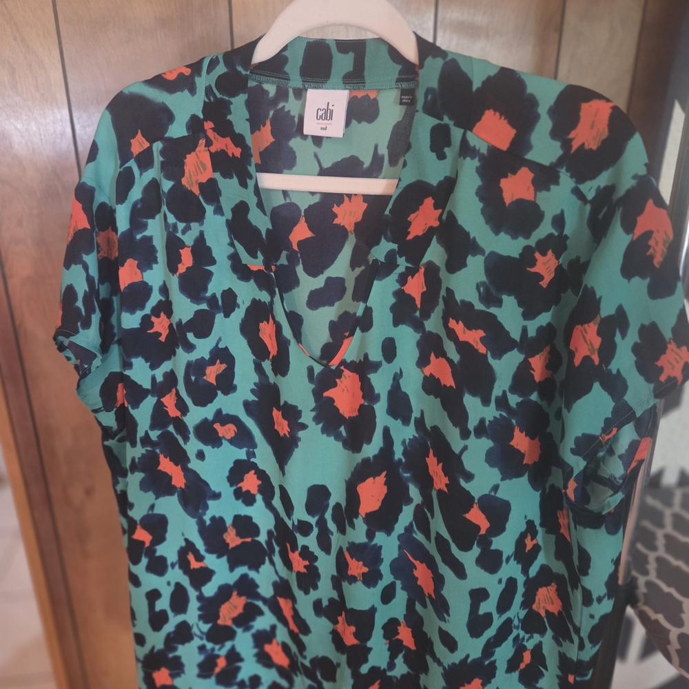 CAbi Teal and Black Animal Print Top